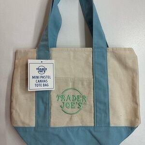 Trader Joe's Mini Pastel Canvas Tote Bag - Beige with Blue Straps
